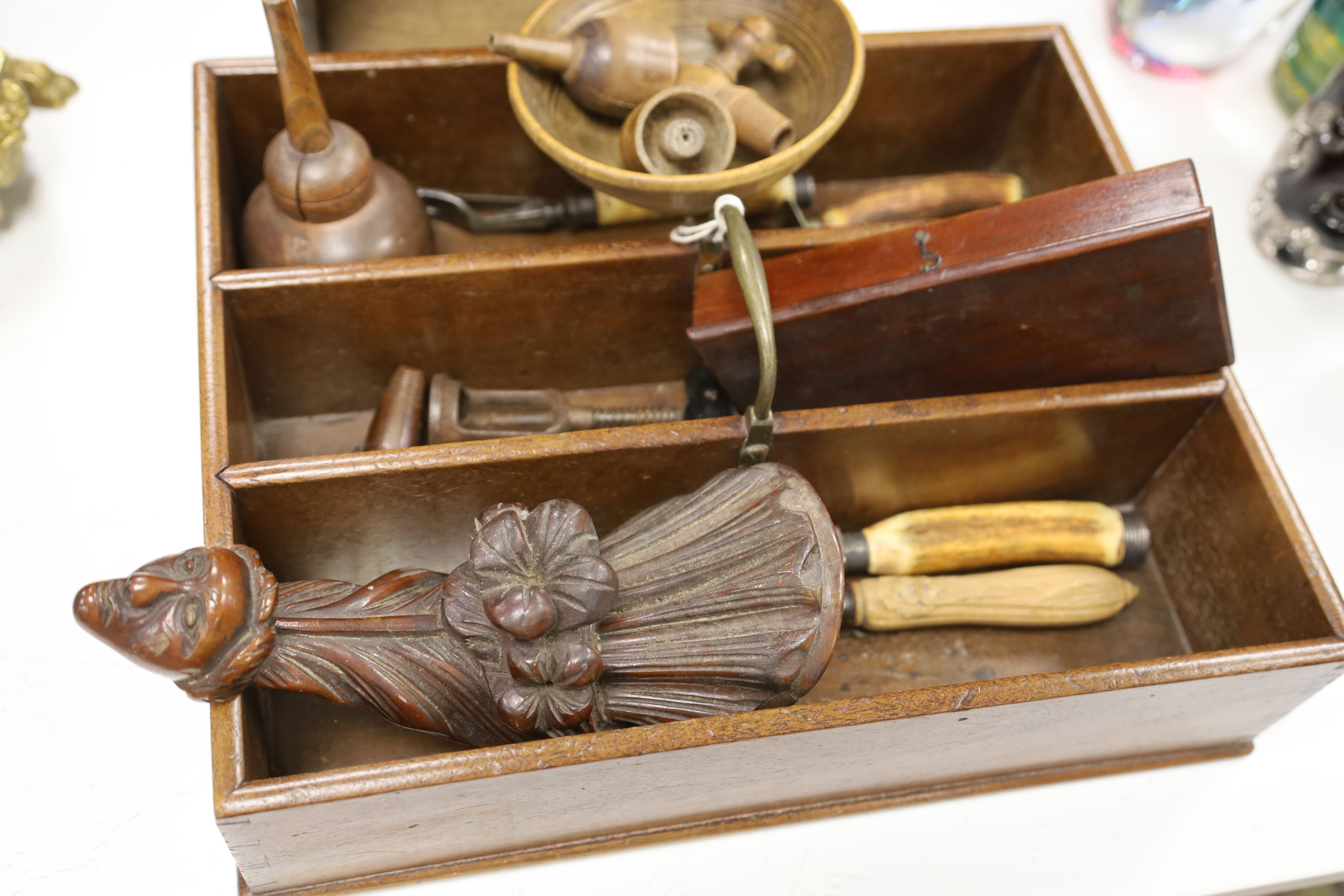 A 19th century oak candle box, a corbel, cutlery tray and sundry treen items